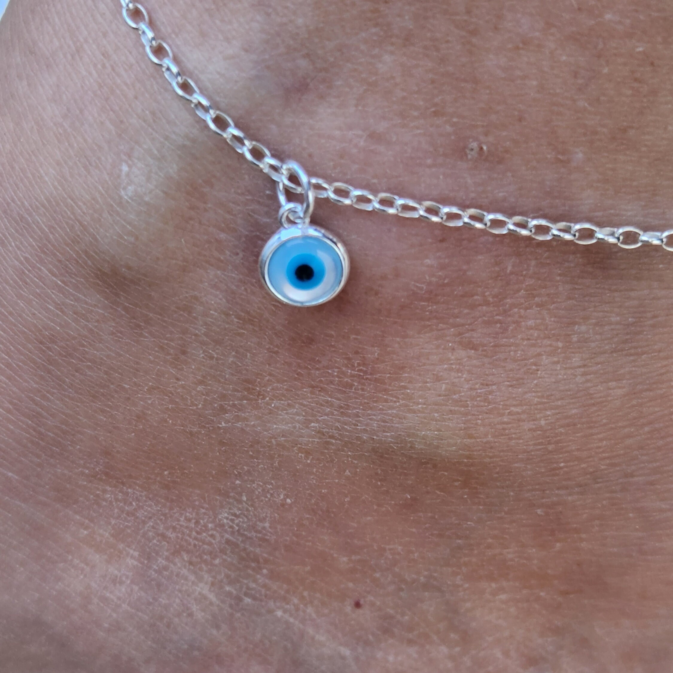 Silver Eye Anklet, Pearl Eye Anklet, Sterling Silver Ankle Bracelet, Dainty Anklet, Evil eye anklet
