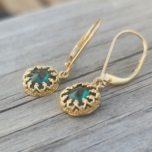 Gold earrings, emerald earring, dangle earrings, dainty earrings, deep emerald, gold and green, vintage earrings -F8