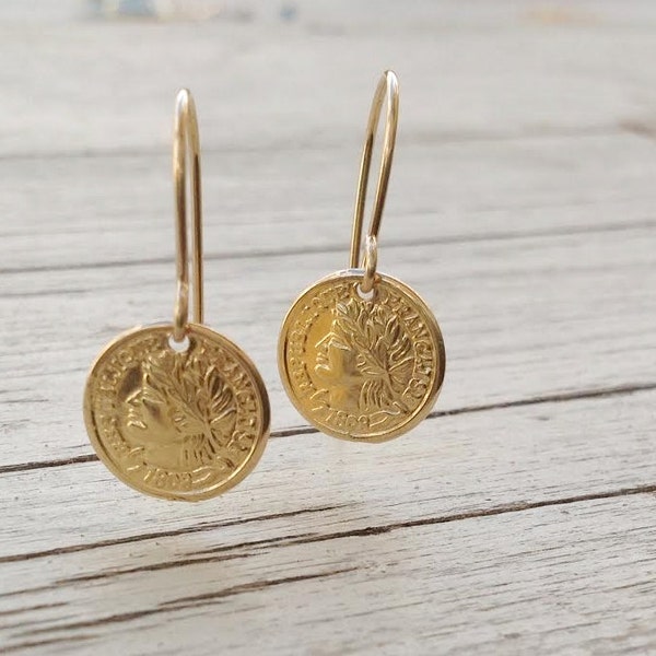 Gold earrings, dangle earrings, coin earrings, minimalist earrings, coin jewelry, simple earrings -D70