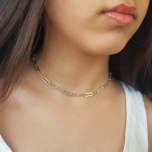 Chain Choker Necklace,Chunky Sterling Silver Chain Link Necklace,Chain Choker Sterling Silver,Rectangle Chain Choker,Layered Choker Necklace