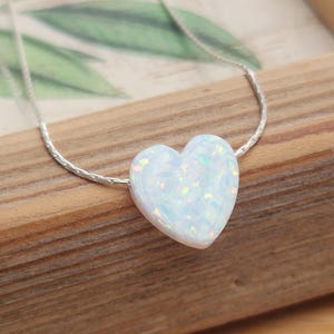 White  Heart Opal Necklace Sterling Silver Chain Opal Gemstone White Opal Jewelry Silver Heart Necklace  -009