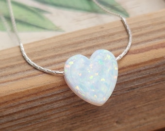 White  Heart Opal Necklace Sterling Silver Chain Opal Gemstone White Opal Jewelry Silver Heart Necklace  -009