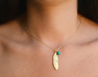 Gold feather necklace, Long Necklace, Turquoise bead necklace, Boho Necklace, Everyday jewelry, Summer trend,long necklace -21063 ,