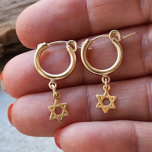 Davidstern Ohrringe, Gold Creolen, Magen David Schmuck, Zierliche Ohrringe, Davidstern kleine Creolen, jüdischer Schmuck
