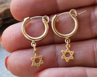 Pendientes estrella de david, pendientes de aro de oro, joyería Magen David, pendientes delicados, pendientes de aro diminuto estrella de David, joyería judía