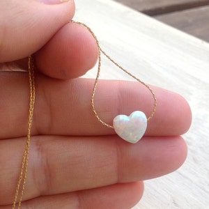 Opal Heart Necklace 14k Gold Filled Chain Necklace White Opal Pendant  - 009.1