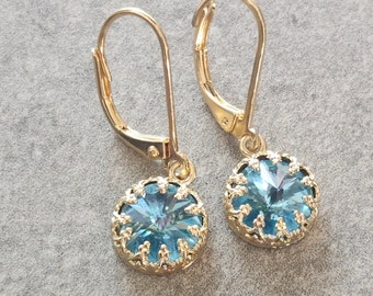 Gold  Aquamarine earrings, Blue Aqua earrings, dangle earrings, dainty earrings, Blue aquamarine , vintage style  earrings -F560