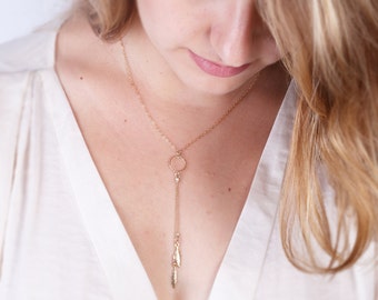 Gold lariat necklace, Boho Necklace, Feather necklace, Y necklace,Layered Necklace, Long Necklace, Boho Style