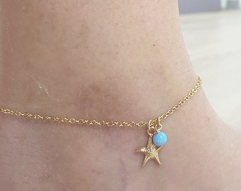 Dainty Gold Anklet,Starfish and Opal Bead Anklet,Gold Filled anklet,Minimalist anklet,Summer Anklet For Women Girl