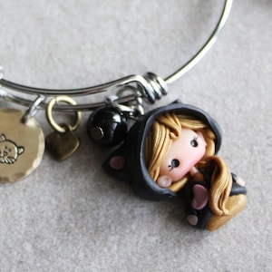 polymerclay chibi doll Bracelet, cat lovers doll, stainless steel bangle, brass charms, kawaii,personalized