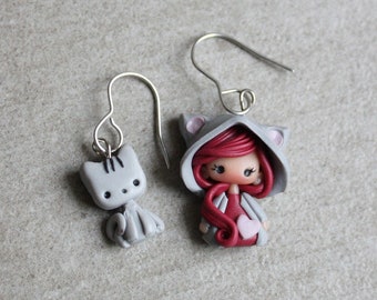 dangle earrings, polymerclay earrings, cat earrings, nice earrings, nice dangle,gift for her, cat lovers earrings,cat lovers gift, clay doll