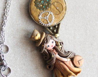 bronze key, polymerclay doll, kawaii necklace, stainless steel, chibi doll, steampunk,zingara creativa