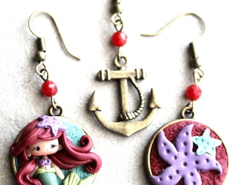 Handmade Ariel Mermaid Polymer Clay Dangle Earrings, Kawaii Doll Jewelry