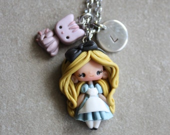 letter necklace, clay doll pendant, jewelry for girls, gift for her, alice pendant, doll necklace, fairy necklace, personalized necklace