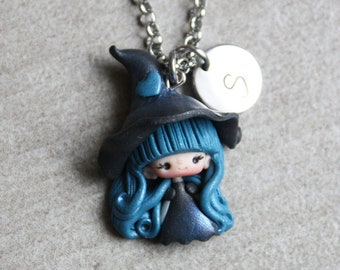 witch necklace, necklace for girls,letter necklace,clay dolls,clay witches,letter charms, charms, letter charm necklace,clay doll necklace