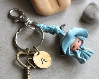 personalized gift for her - doll keychain - witch keychain, witch pendant, personalized keychain, personalized with letter keychain