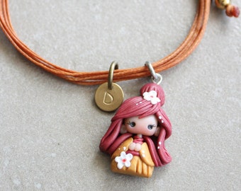 geisha bracelet, doll bracelet, personalized bracelet, letter bracelet, adjustable bracelet initial, clay doll, zingara creativa, cord