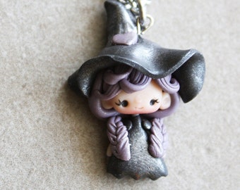 little witch necklace- little doll handmade, polymerclay doll