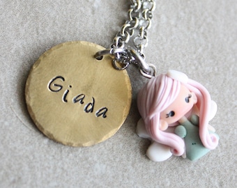name and doll necklace, fairy necklace, polymerclay doll, clay doll necklace with name