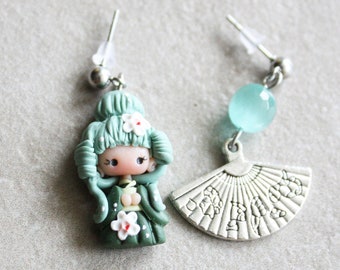 dangle earrings, polymerclay dangle, geisha doll earrings,polymerclay earrings, clay doll, japan lovers gift,zingara creative