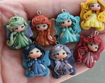 polymerclay charms, rainbow dolls, fairycore, fairy doll, charms for necklaces, stainless steel, clay dolls,red, yellow,orange, green charm