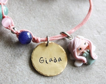 macramè cord bracelet, fairy bracelet, polymerclay charm bracelet, macramè pink, name bracelet