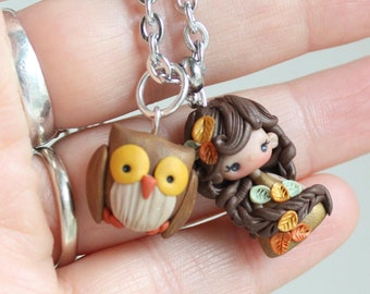nature lovers gift, autumn lovers gift, polymer clay necklace, polymer clay doll pendant, handmade jewelry for girls, fairy pendant