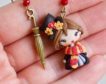 mary poppins earrings, dangle earrings, polymerclay dangle, cute earrings,cute doll, nice dangle, princess dangle, clay dolls, clay earrings
