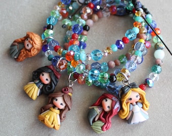 kawaii doll bracelet, clay doll, disney doll bracelet, snowwhite, ariel,cord, beads, colorful bracelet, zingara creativa,macramè