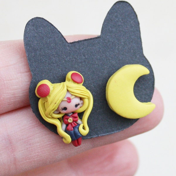 studs earrings,polymerclay,cartoon doll studs,colorful, gift for daughter, moon doll, moon earrings, zingara creativa