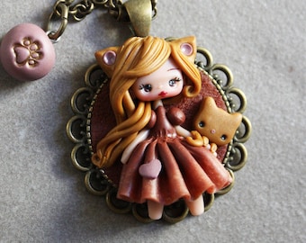 polymer clay doll pendant, handmade jewelry for girls, pet lovers gift, doll necklace, pet doll necklace, made in italy, totally handmade