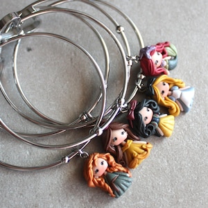 disney's princess bangle, polymerclay dolls, stainless steel bracelet, kawaii disney doll, clay chibi, figurine image 1
