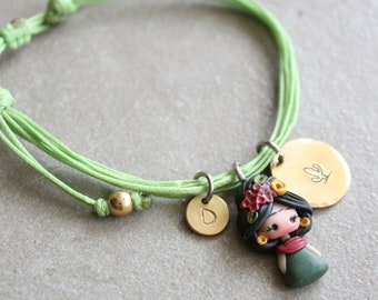 mexican doll bracelet, doll bracelet, personalized bracelet, letter bracelet, adjustable bracelet initial, clay doll, zingara creativa, cord