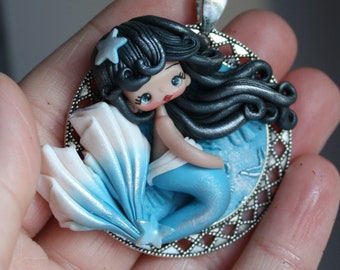 mermaid dolls , polymer clay doll pendant, handmade jewelry for girls, gift for her, doll necklace, summmer  necklace, made in italy