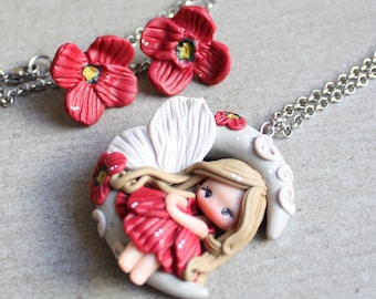 SET- clay necklace with  earrings - fairy necklace, clay earrings, fairy pendant, doll necklace, poppy necklace, clay doll, zingara creativa