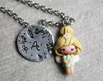 fairy necklace, necklace for girls,letter necklace,clay dolls,clay fairies,letter charms, charms, letter charm necklace,princess necklace