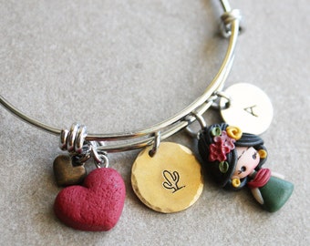 mexican doll bracelet, doll bracelet, personalized bracelet, letter bracelet, adjustable bracelet initial, clay doll,bangle zingara creativa