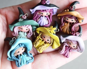 Kawaii witch Charm – charms for DIY Jewelry,doll for bowls, Keychain or Bag Charm,doll  Favor, Clay Doll, halloween doll,kawaii doll