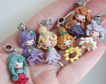 polymerclay charms, fairies,nymphes, gift for daughter, fairies lovers, nature, leaf, magic pendant, kawaii claydolls