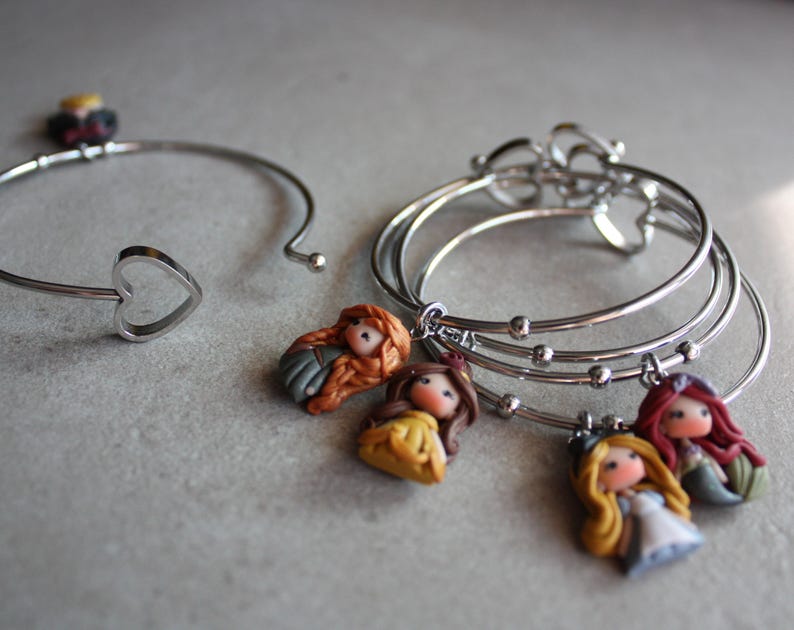 disney's princess bangle, polymerclay dolls, stainless steel bracelet, kawaii disney doll, clay chibi, figurine image 4