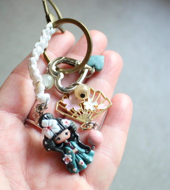 bronze bag charm with polymerclay doll, kawaii keychain , clay geisha, figurine, chibi, japan lovers
