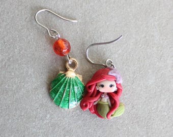 ariel dangle earrings, disney dangle, disney earrings, disney jewels, ariel jewels, polymerclay earrings, zingara creativa
