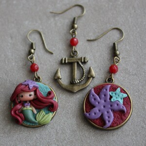 Handgjorda Ariel sjöjungfru polymerlera örhängen, kawaii docksmycken bild 3