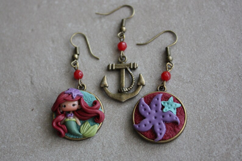 Handgjorda Ariel sjöjungfru polymerlera örhängen, kawaii docksmycken bild 3