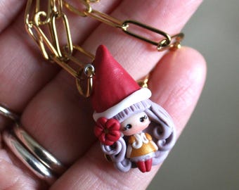 polymer clay necklace, polymer clay doll pendant, memole necklace,cartoon gift, colorful necklace handmade, gnome necklace, kawaii, claydoll
