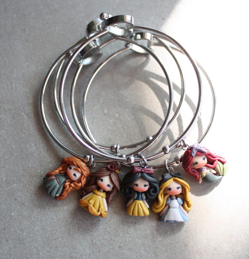 disney's princess bangle, polymerclay dolls, stainless steel bracelet, kawaii disney doll, clay chibi, figurine image 11