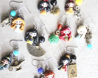 disney Dangle earrings,kawaii doll, handmade earrings, gift for daughter, polymerclay doll, disney earrings, funny earrings, stainless steel