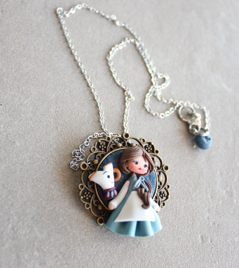 Belle Necklace, Hand-Sculpted Polymer Clay Chibi Figurine, Kawaii Pendant, Stainless Steel Chain, statement necklace image 2