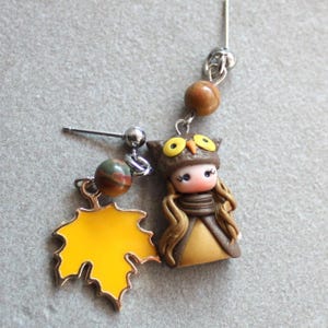 Herbst puppe ohrringe, baumeln ohrringe, farbe, gelb blatt, süsse puppe, herbst vibes, polymerclay