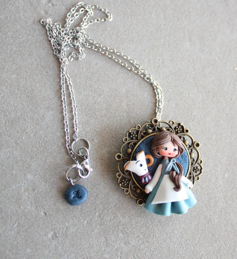 Belle Necklace, Hand-Sculpted Polymer Clay Chibi Figurine, Kawaii Pendant, Stainless Steel Chain, statement necklace image 4